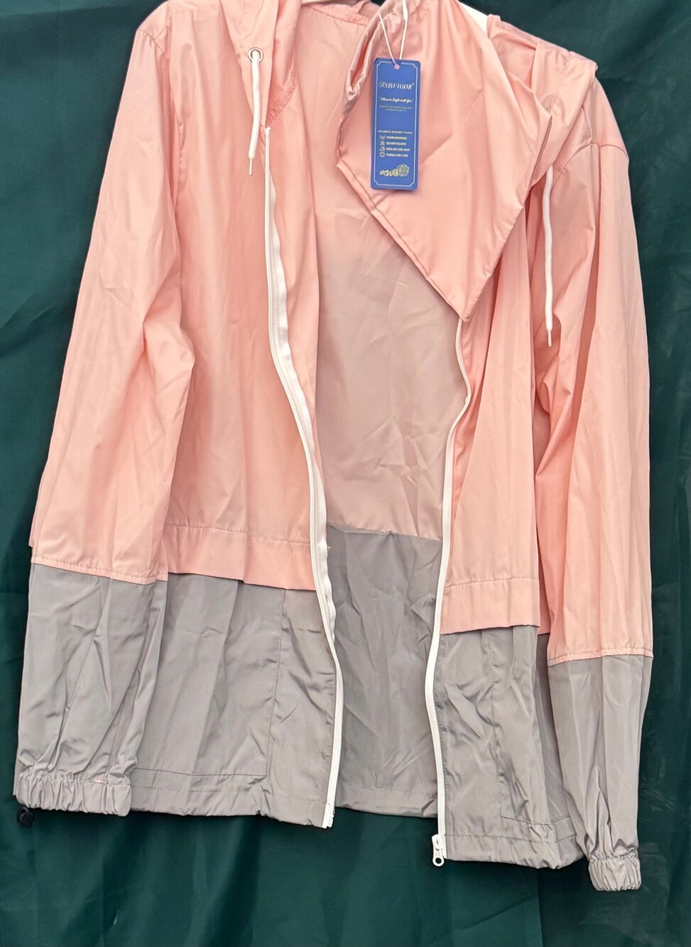 Rosvigor L Pink and Gray Polyester Jacket with Hood and Storage Pouch